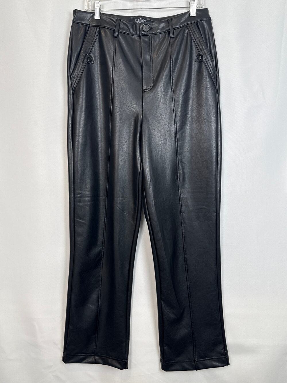 One5One Black Faux Leather Trouser Pants Pleated Front Zip Pockets
